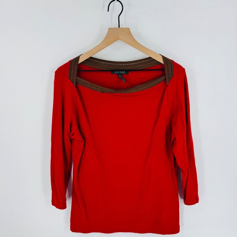 Lauren Ralph Lauren Top XL Red 3/4 Sleeve Square Neck Equestrian Western
